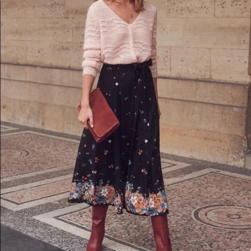 Sézane black multicolor floral high waisted button down rise a-line midi skirt